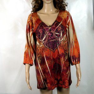 Apt. 9 Sublimation Tunic Blouse Size 2X Orange V-Neck 34  Raglan Sleeves